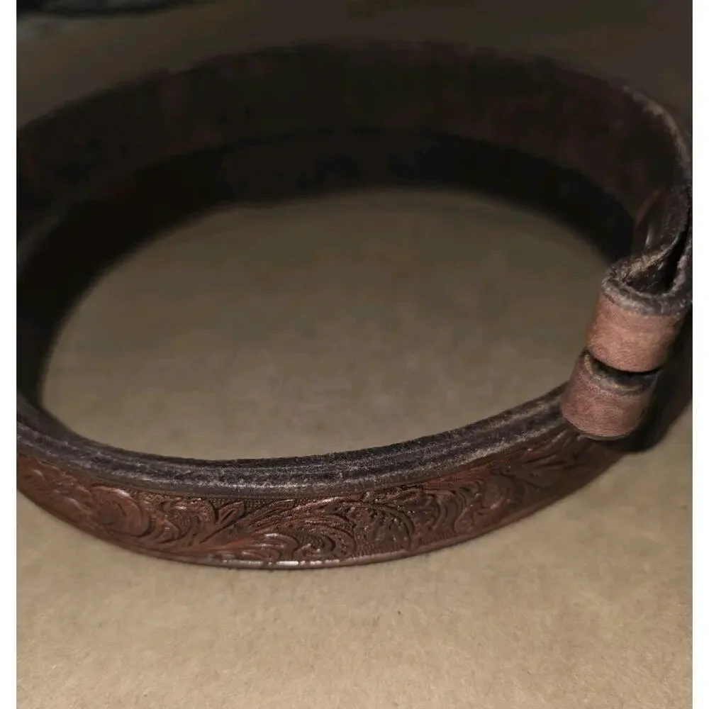 vintage TOOLED buckle belt WESTERN leather 46 brown COWHIDE floral cowboy rodeo